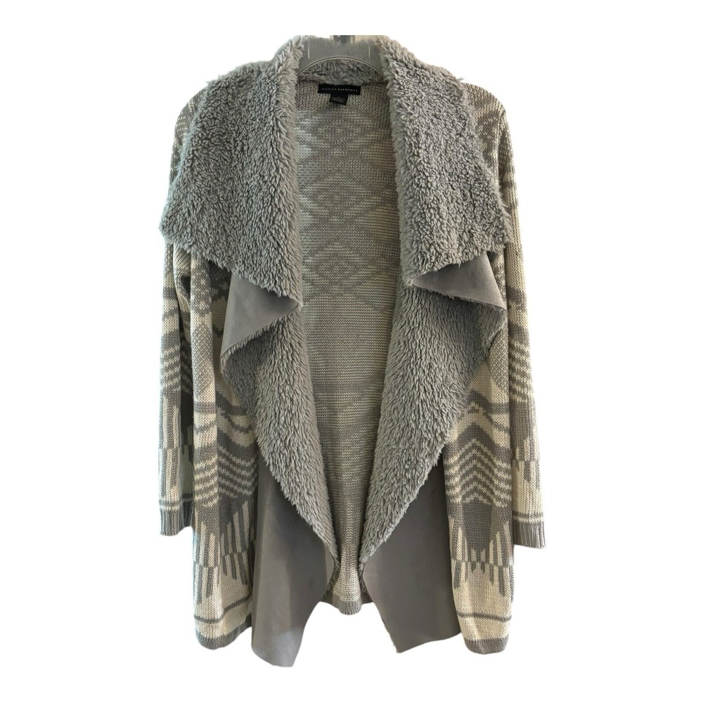 Grace Elements‎ Sweater Womens Large Gray Aztec Boho Waterfall Cardigan Faux Fur